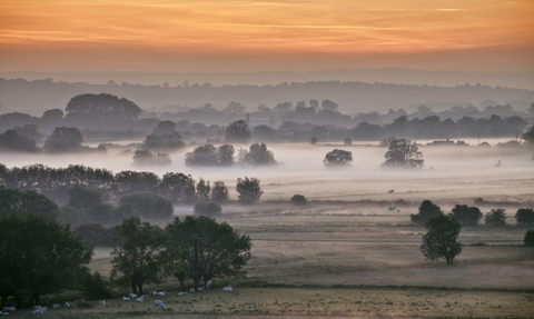 Sunrise over Earlake Moor from Burrow Mump in the Somerset Levels