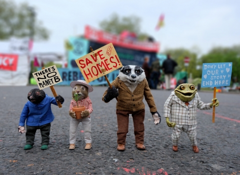 Wind in the Willows characters Mole, Ratty, Badger and Mr Toad protest for a Wilder Future