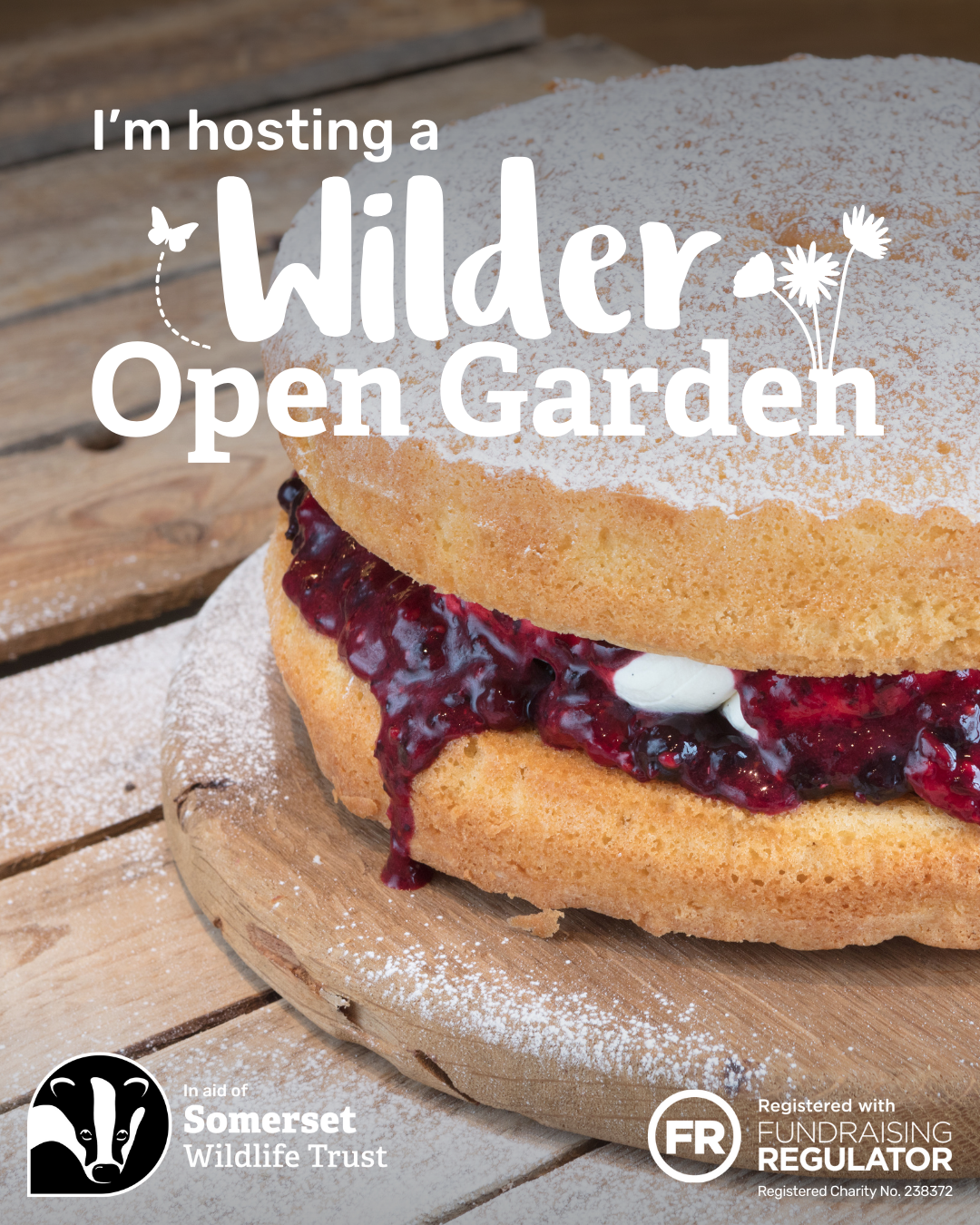 Social media graphic featuring a cake, promoting a Wilder Open Garden event.