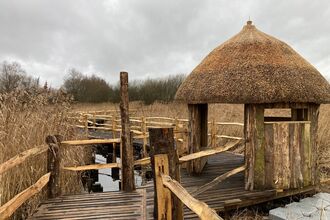 Wooden boardwark leading to newly completed accessible ‘island' viewing hide, Westhay Moor