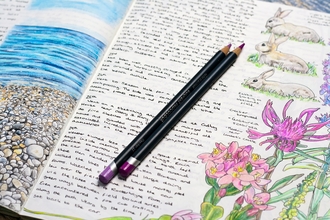 Journal with paintings of pink and purple wildflowers with accompanying small handwritten text, with colouring pencils on top of the journal