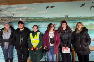 Six young people, members of the Youth Forum, at Westhay Moor NNR