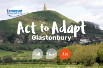Glastonbury Tor and surrounds behind text about the Act to Adapt project