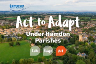 An aerial view of Martock and surrounds behind text about the Act to Adapt project