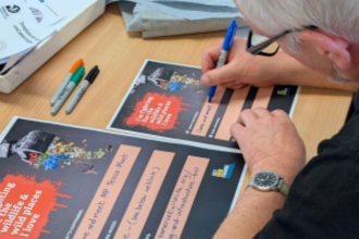 A man filling in event details to a poster
