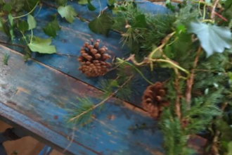 Foliage for making wreaths laid out on a blue table