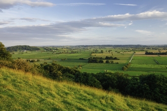 A view across the flat landscape of the Somerset Levels in summertime. Photo taken from a hill side, with the grassy slope in the foreground and the flat fields, criss-crossed with ditches, stretching into the background.