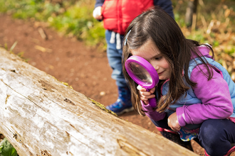 Girl looks through magnifying glass at log