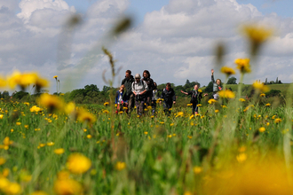 A group walking through a wildflower meadow 