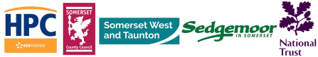 Logos for HPC, Somerset County Council, Somerset West and Taunton Council, Sedgemoor District Council and National Trust