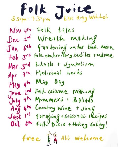 A handwritten list of upcoming Folk Juice events
