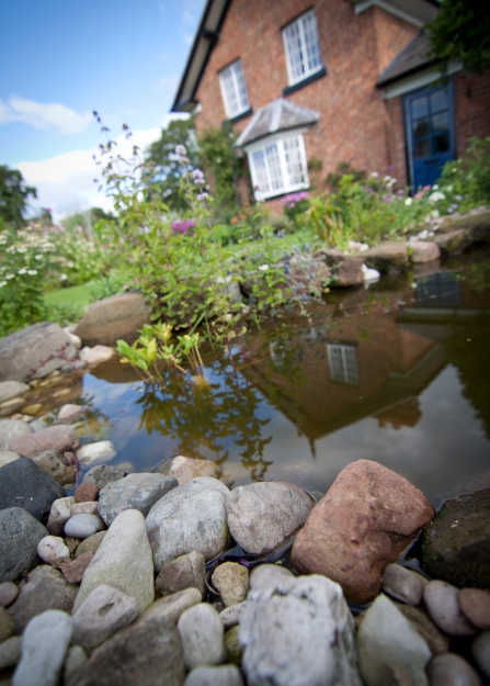 Gardening with wildlife, pond with house and garden behind