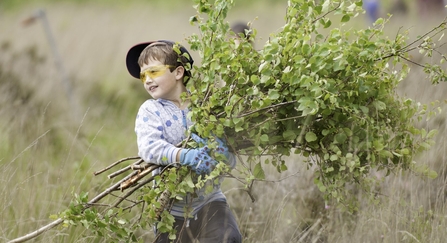 Local school children cut and collect growing tree saplings