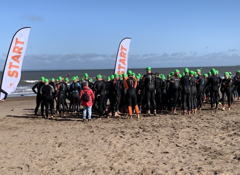 Swimmers at the start line of the Minehead Triathlon
