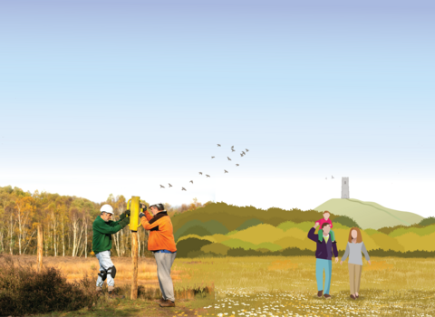 glastonbury tor illustration with family walking in foreground