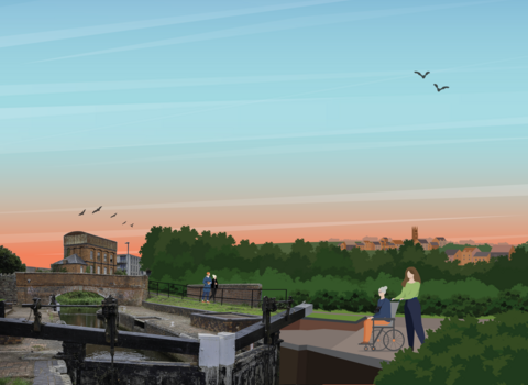 lock in taunton with illustrated people and landscape