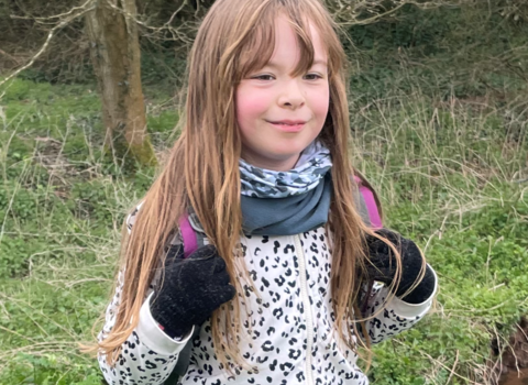 Hannah, age 8, with her backpack ready to walk 100km for Somerset Wildlife Trust!