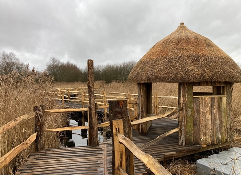 Wooden boardwark leading to newly completed accessible ‘island' viewing hide, Westhay Moor