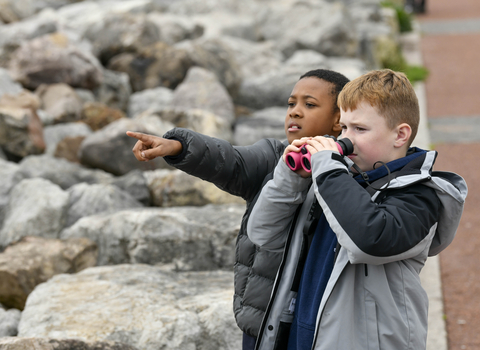 Children looking out over the sea, with binoculars