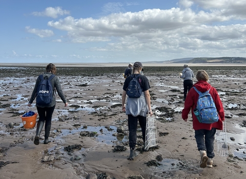 A group of people walking along the sea shore with survey equipment