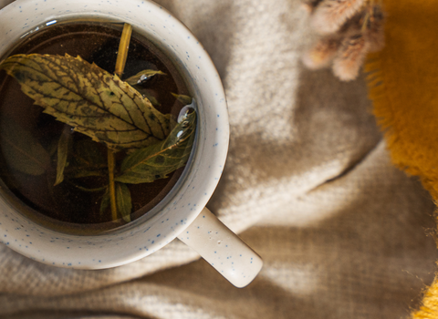 A steaming mug of herbal tea and a blanket