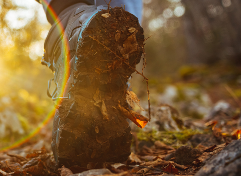 A foot in mid stride on a walk outdoors