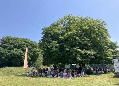 A large group of people shelter under the canopy of a large tree from the blazing sun in a heatwave. The shade provided by the canopy of the tree is almost entirely filled by people, with no one sat out in the sun