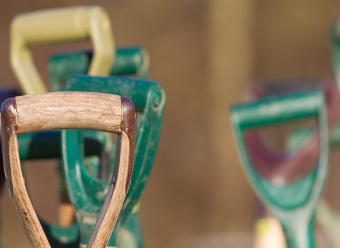 A photograph showing lots of garden tool handles